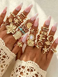 23-Piece Women's Ring Set, Vintage Elegant Boho Chic Stackable Turquoise Star Flower Heart Shell Rings, Party Beach Date Gift Jewelry