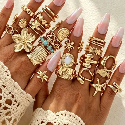 Women's Stackable Layered Ring Set, Zinc Alloy Elegant Vintage Boho Chic Bohemian Turquoise Star, Flower, Heart & Shell Design, Party Beach Birthday Gift Jewelry