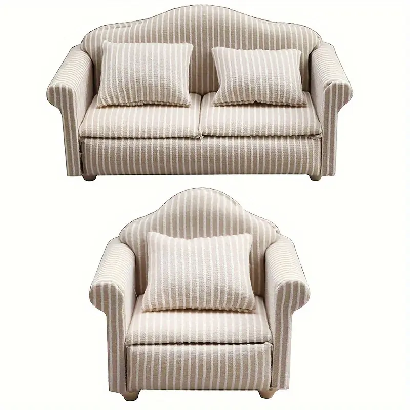1:12 Scale Miniature Sofa And Armchair with Cushions. It Is White Striped Furniture, Perfect for DIY Pretend Play And Decoration. It Can Be Used As Halloween And Christmas Gifts - No Power Is Needed.