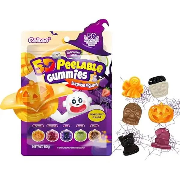 COKOC Halloween 5D Peelable Gummy Candy,Mixed Fruit Flavored,Pumpkin Vampire Ghost Skull Cat Shapes,Individually Wrapped Halloween Candy,Trick or Treat Snacks & Party Favors,2.12oz Bag