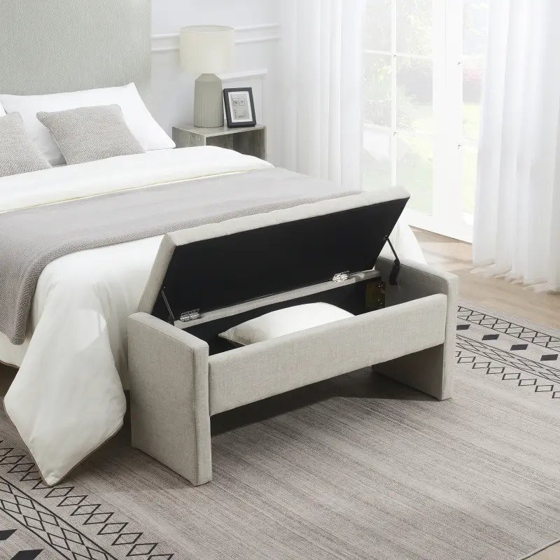 Modern Bed End Bench with Storage Upholstered Large Foot Rest Stool Comfy Window Vanity Bench for Living Room Bedroom Dorm Coffee Table Linen Light Grey