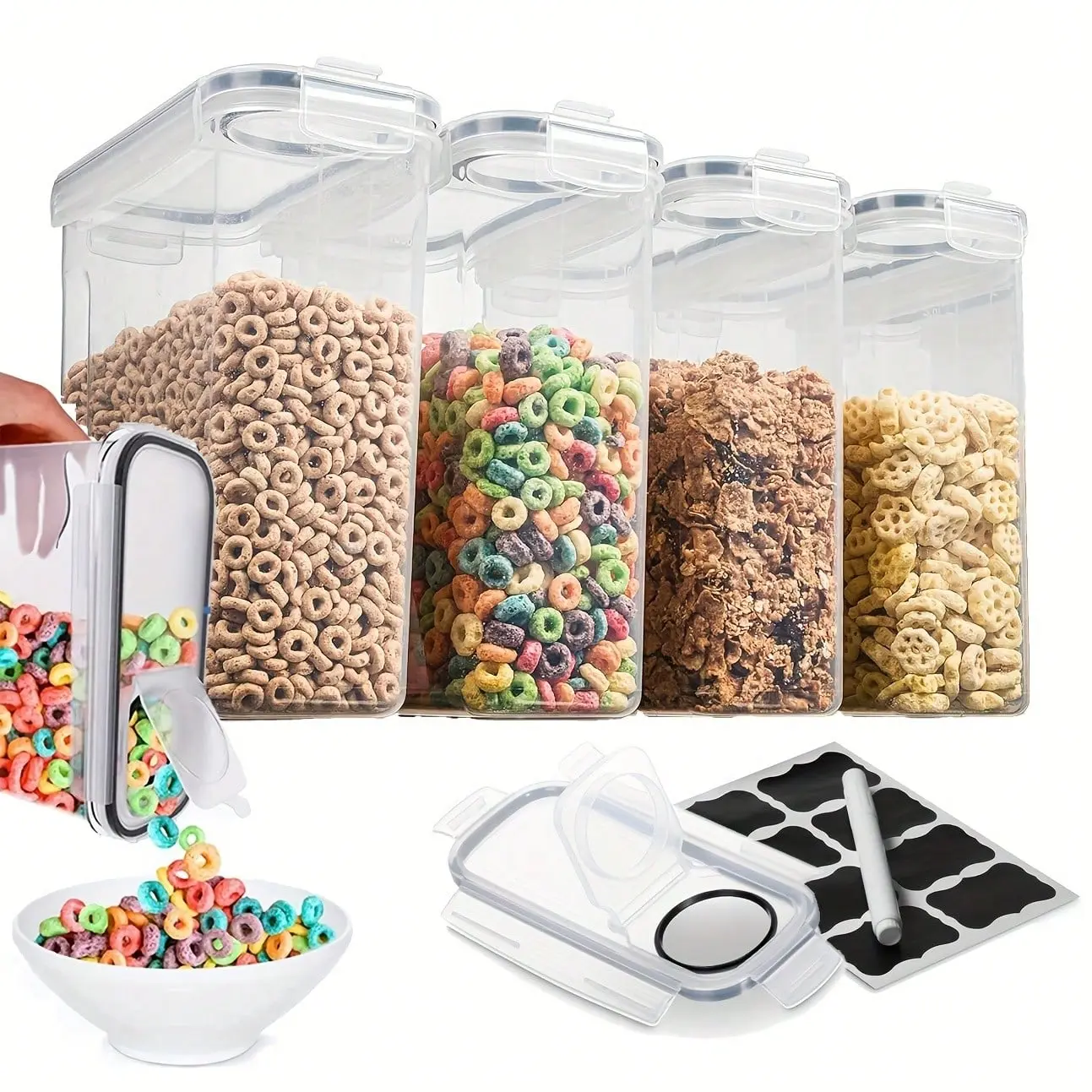 4PCS Cereal Containers Storage 4L/135.2 Oz Airtight FoodStorage Containers For Kitchen & Pantry OrganizationStorage Plastic Cereal Dispensers & Labels and Marker