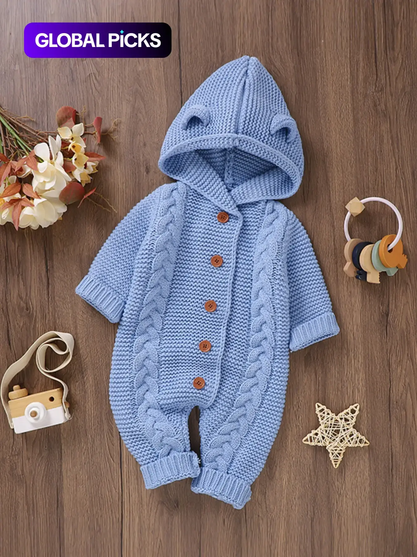 Baby's Solid Cable Knit Button-Front Hooded Sweater Jumpsuit, Cute Cozy Casual Long Sleeve Jumper Onesie Bodysuit for Newborn and Infant, Baby Clothing for Daily Wear Newborn Onesies