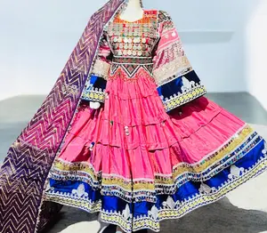 Handmade Afghan Pink & Blue Kuchi Mirror Work Dress Traditional Embroidered Long Anarkali With Dupatta Full Flare Elegant Statement