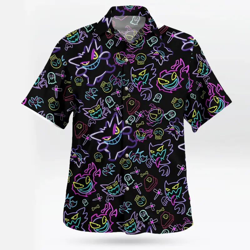 Men's Neon Ghost Cartoon Print Hawaiian Shirt, Casual Short Sleeve Button-Up Beach Shirt, Summer Vacation Resort Wear