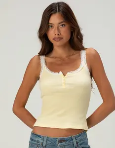 RSQ Womens Lace Trim Henley Tank Top