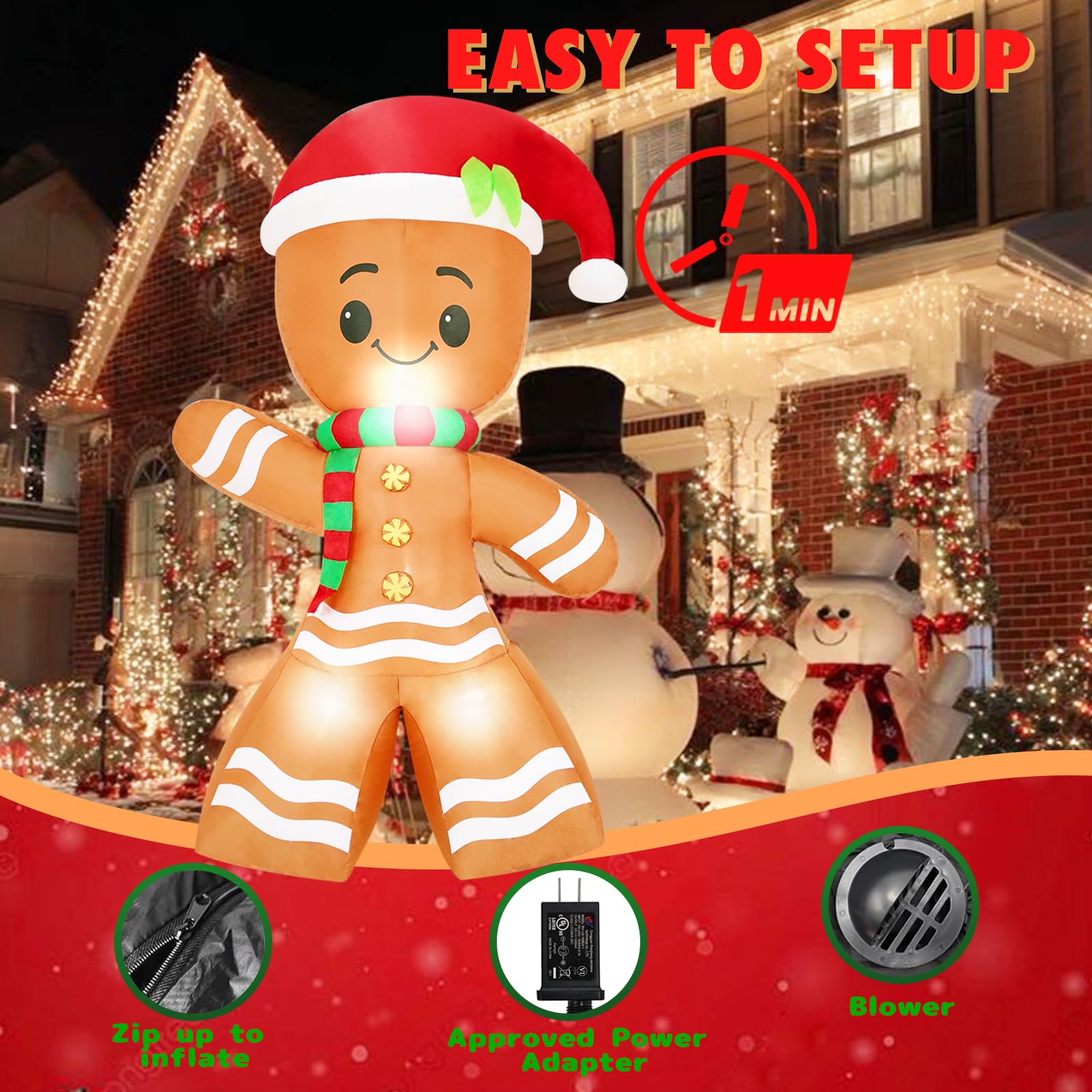 8 Ft Christmas Inflatable Gingerbread Man Decoration Outdoor with LED Lights，Funny Gingerbread Christmas Blow Up Yard Decoration for Lawn Garden Patio Holiday Party Decor