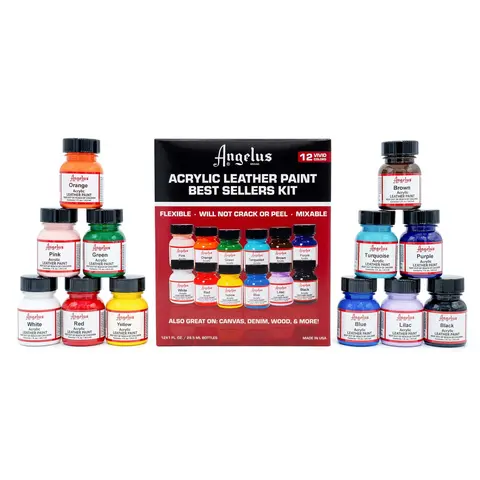 Angelus Acrylic Leather Paint Best Sellers Kit - 1 oz Each, 1 Fl. Oz., 12 Vibrant Colors, Durable Leather-Safe Crafting Art Supply for Shoes, Canvas, Flexible Paint for DIY Projects to Add Personality to Your Projects