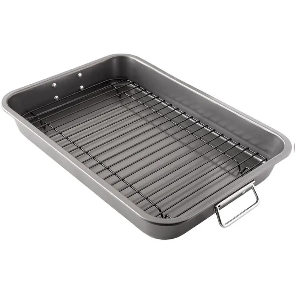 Chef Pomodoro Nonstick Carbon Steel Large Roasting Pan with Rack, Turkey Roasting Pans for Oven, Roaster Pan with Flat Rack, Turkey Pan for Oven, Roaster Pan Bakeware Grey