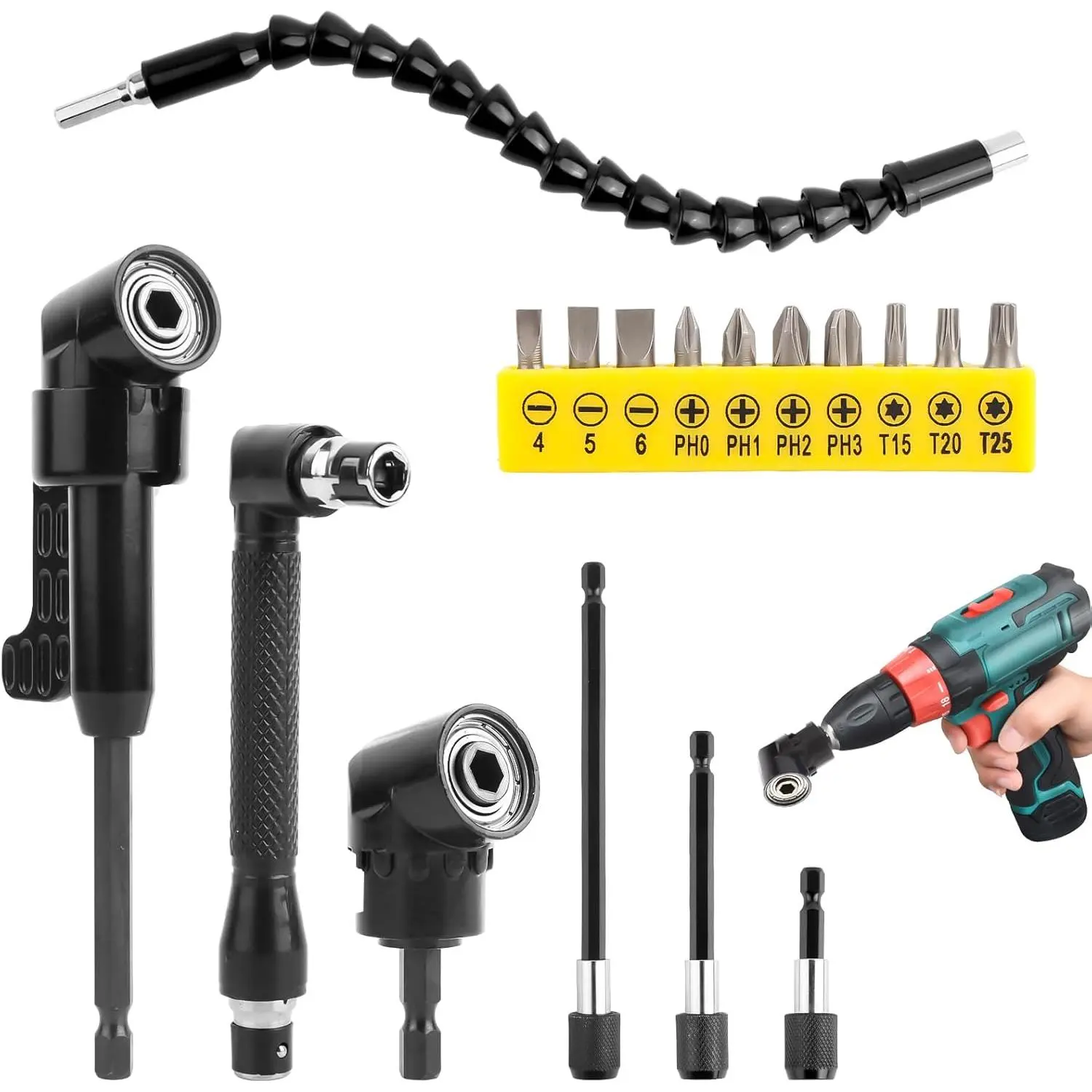 17-PCS Angle Screwdriver Attachment, 105° Angle Attachment for Cordless Screwdriver, 3 Hex Shank, Angle Screwdriver Set with L Key, Bit Holder Extension, Angle Drill Attachment for Construction