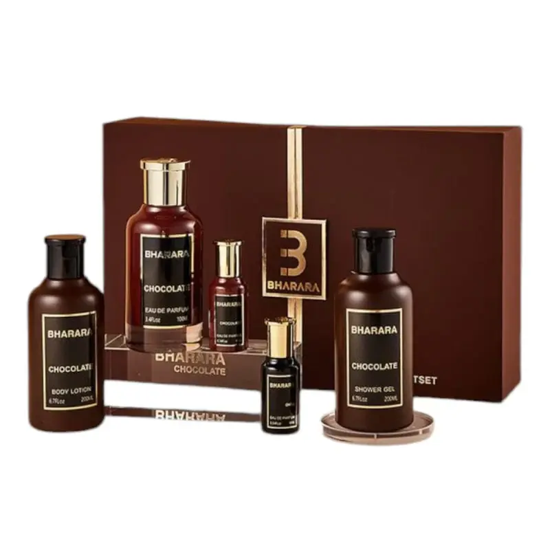 Bharara Chocolate Unisex Fragrance Pack - 5-Piece Perfume Gift Box, Scent Set & Bottle Set Unisex Fragrance Collection (3.4 Oz EDP, Body Lotion, Shower Gel, Cinnamon Warmth EDP Miniatures)