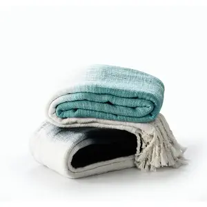 HomeRoots Woven Cotton Ombre Throw Blanket - Blue & White, Lightweight Cozy Chic Cotton Bed Blanket, Cotton Blankets