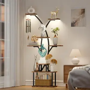 8 Tier Display Shelf with Lights, 64.8" Tall Corner Bookshelf for Living Room Decor, Black Staggered Bookcase for Collectibles, Standing Rack Shelves for Bedroom, Office Home