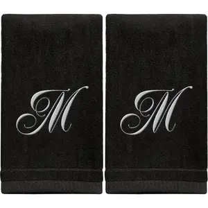 Personalized Initial Fingertip Towels 2 Pack 11x18 - White Embroidery Black Monogrammed Towels, Great Personalized Gift for Women Teachers Friends Bridesmaids Initial M
