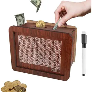 10000 Savings Challenge Box, Wooden Cash Vault Savings Box, Kakeibo Money Saving Box, Wooden Coin Piggy Bank with Savings Goal Counter, Perfect Gift for Boys, Girls, Kids, and Friends (Brown)