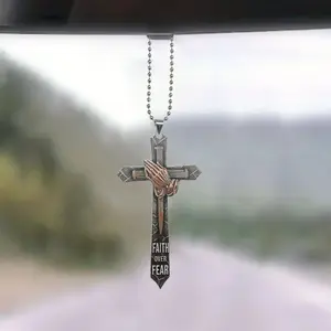 Praying Hands   Pendant - Faith Over Fear Inspirational Decoration  Rear View Mirror Charm - 2D Flat  Religious   Mirror  Ornament for Women Men ()