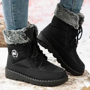 Women's Black Snow Boots Insulated Waterproof Winter Boots for Women Warm Faux Fur Lined Booties High Heeled Lace Up Mid Calf Design