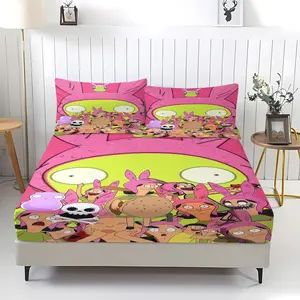 Bob's Burgers Style Louise Belcher & Kuchi Kopi Print Fitted Sheet Set (3 Piece, Includes 1 Fitted Sheet + 2 Pillowcases, No Filling), Pink Cartoon Themed Soft Bed Set for Teens, Kids & Fans, Perfect for Bedroom Decor