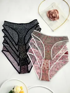 Women's Ultra-Thin Leopard Print Floral Mesh Low Waist Triangle Briefs, Comfortable Breathable Casual Underwear, 8 Pcs Set, All Seasons
