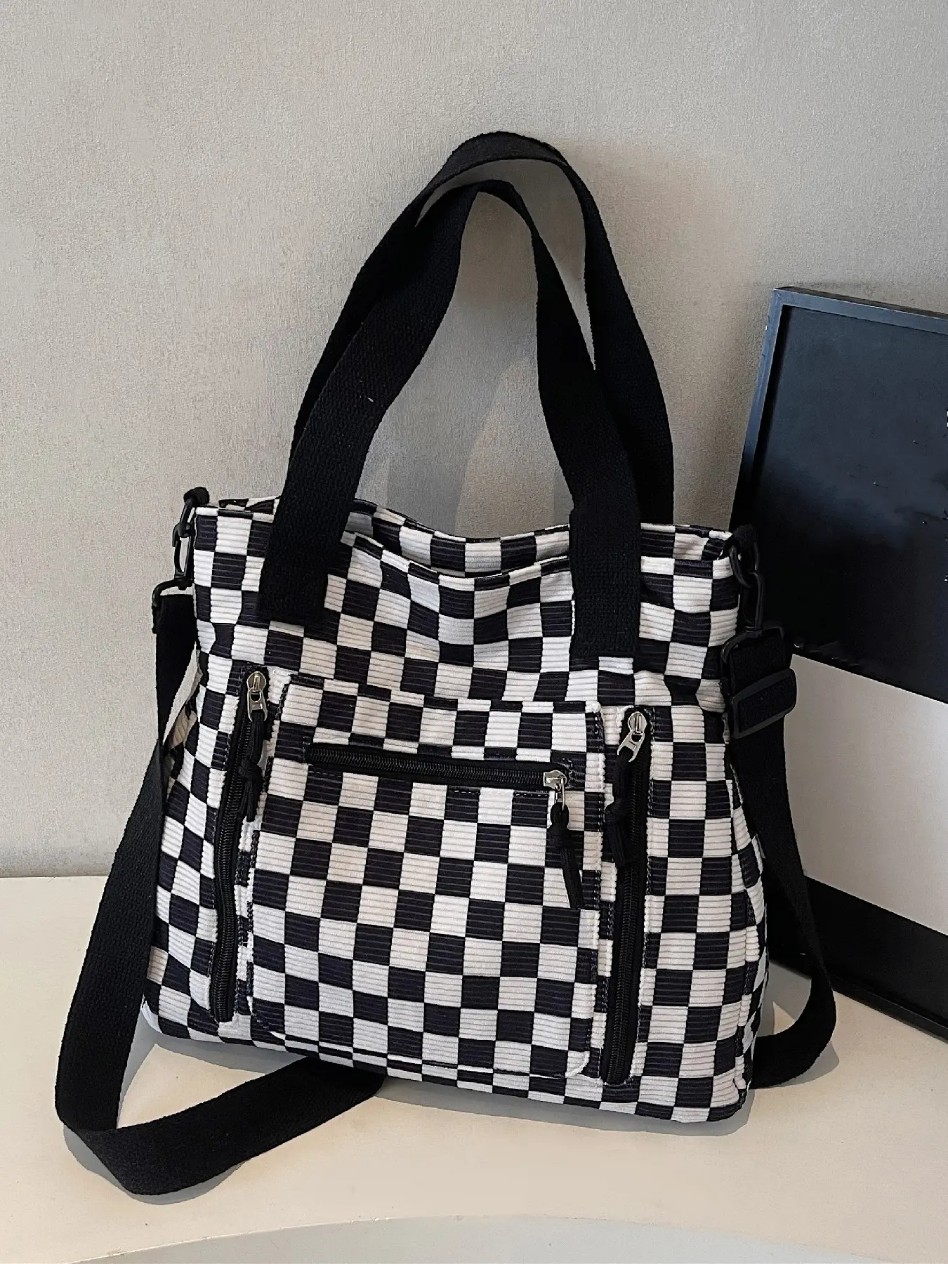 Chessboard Pattern Women's Tote Bag, Large Capacity Commuter Shoulder Bag, Casual Versatile Multi-Pocket Crossbody Bag for Daily Use, Checkerboard Pattern Purse