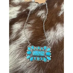 LARGE WESTERN HAND STONE BAR NECKLACE - SILVER / TURQUOISE