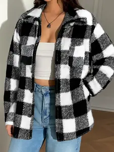 Women's Plaid Colorblock Fleece Pullover, Long Sleeve Casual Home Wear Top, Thick Fabric for Fall & Winter