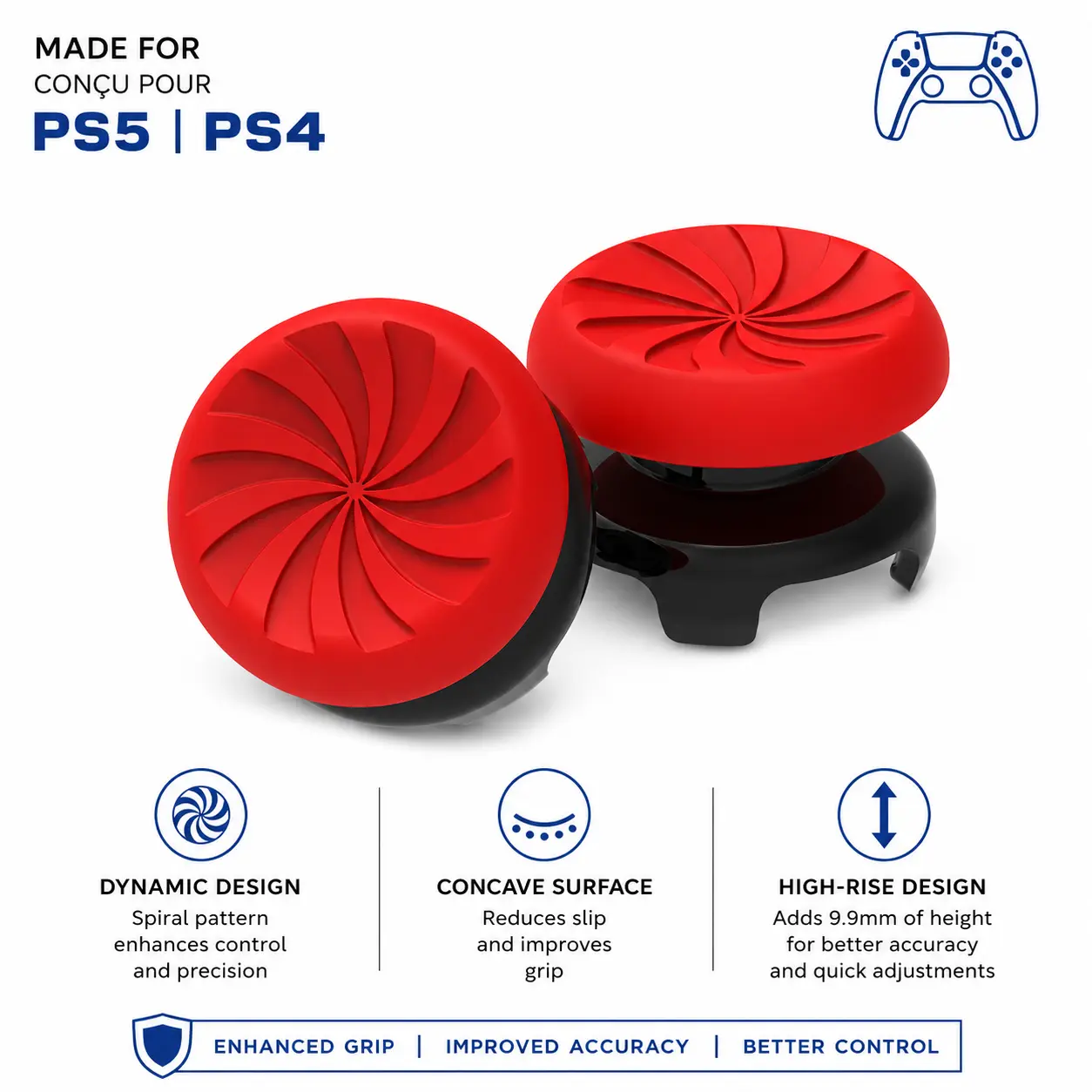Durable Ergonomic Raised Thumb Grip Controller Extensions & Caps (2-Piece) - Enhanced Grip Non-Slip Spiral Rubber, High-Rise, Better Control for PS4/PS5 Gaming Consoles, Suitable for Everyday Use