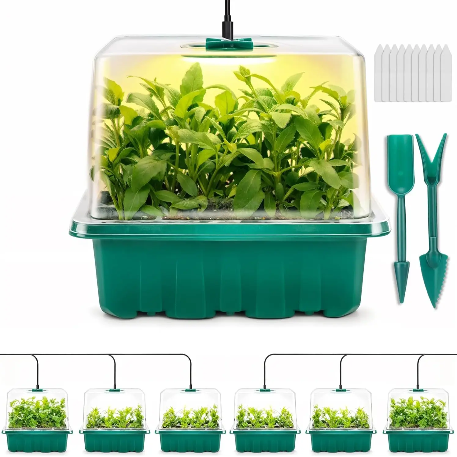 Seed Starter Tray with Grow Light, 6pcs Seed Starter Kits with Light and Adjustable Humidity Domes, Covers Height 3.9", Indoor Seedling Starter Plant Germination Trays, Portable Greenhouse, Plant Growing Set