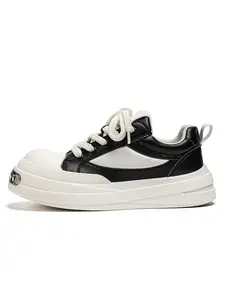 Men's Black-White Color-Block Platform Big Head Bread Walking Shoes: Leather Splicing + Height-Increasing Anti-Slip, High-Street Trendy Streetwear Shoes Casual Sneakers