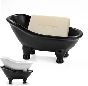 1 count 5.6" Black Ceramic Mini Bathtub Soap Dish Small Planter Makeup Organizer Container Hamster Bathtub (Black)