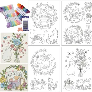 14Pcs Cat With Flower Variety Embroidery Patterns Animals Pre-Printed Stabilizer Embroidery Stickers, Non-Woven Self-Stick Embroidery Transfer Stickers For Clothes
