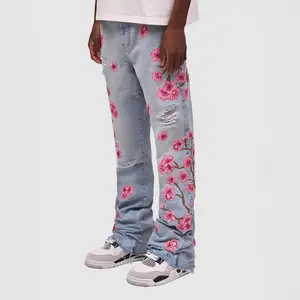 Mens Light Wash Cherry Blossom Embroidered Ripped Distressed Stacked Jeans Vintage Streetwear Denim Pants Casual Daily Party Festival Concert Wear