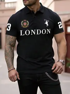 Men's Regular Fit Polo Shirt, Summer Casual Short Sleeve Half Zip Top, Fashionable Men's Daily Wear, Graphic Animal Print Fitted Tee