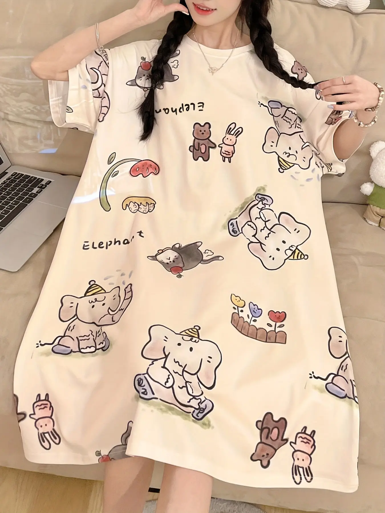 Cute Cartoon Animal Print Nightdress, Women's Short Sleeve Summer Sleep Dress, Comfortable Home Wear, Loose-Fitting Pajama Set, Loungewear, Nightwear