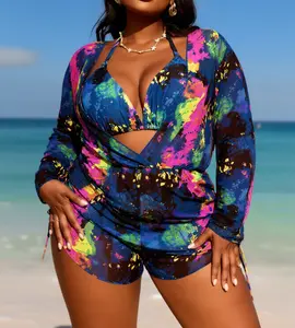 Plus Size Abstract Print Halter Top with Romper Cover-Up Swimsuit Vibrant multicolor abstract print halter bikini-style top paired with a matching sheer long-sleeve romper cover-up Summer Vibes