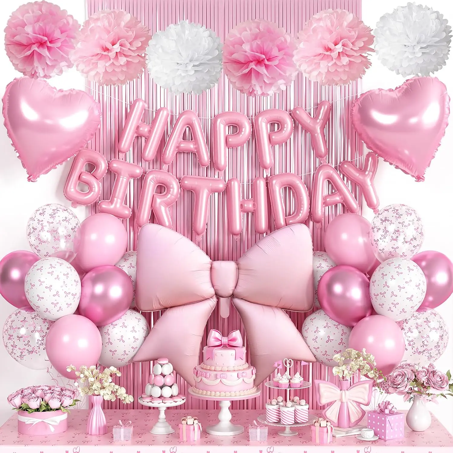 Pink Bow Birthday Decorations for Girls Women, Happy Birthday Balloons| Bow and Heart Foil Balloons Fringe Curtain Tissue Paper Pom Poms Garland for Coquette Birthday Decorations