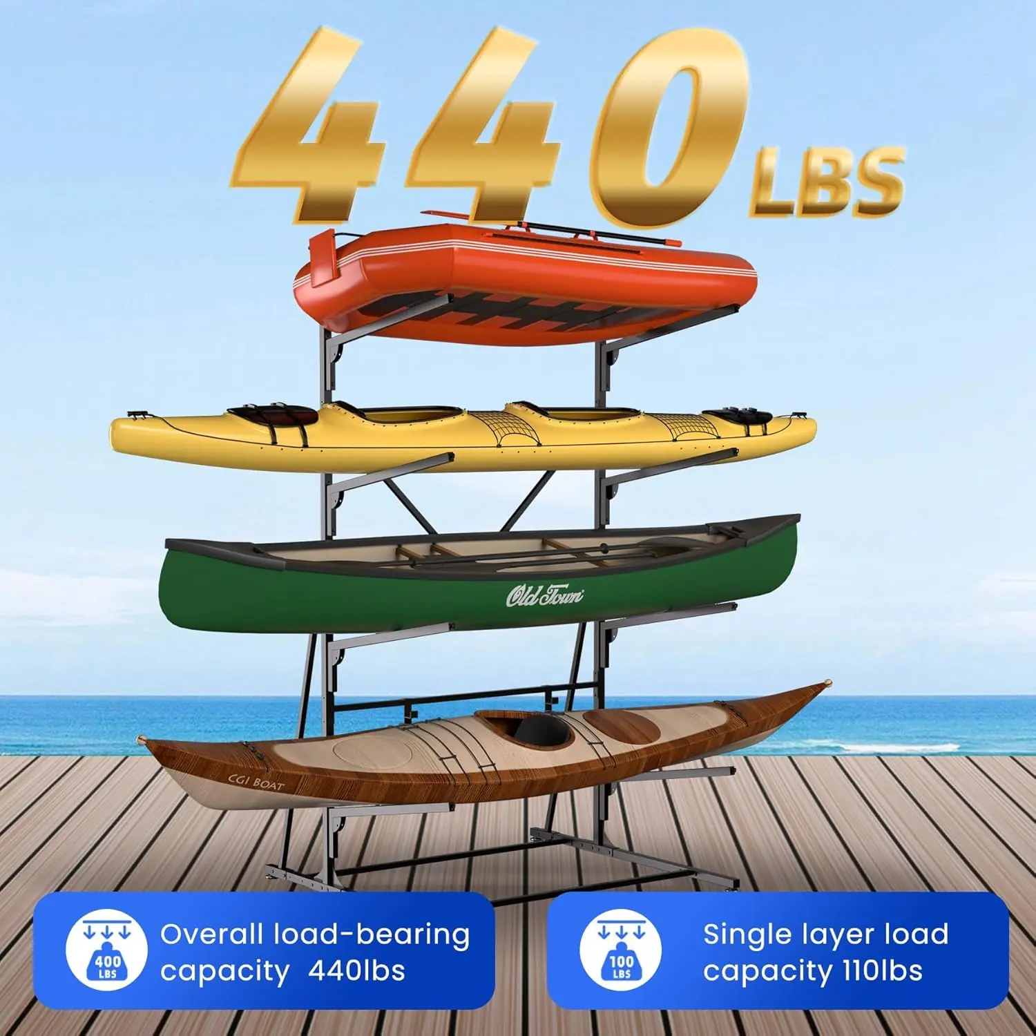 Garvee Kayak Storage Rack 4-Tier Freestanding, Heavy-Duty Metal Garage Storage System for Canoe Surfboard Paddleboard Skis, Adjustable Vertical Rack with Paddle Hooks, Easy Assembly