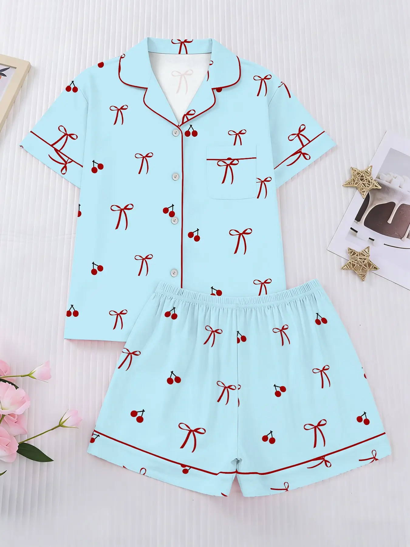 Women's Sweet Sleepwear Set, Loungewear, Pajama Set, Pyjamas, Collared Shirt and Pants 2-Piece, Soft Fabric, Cherry Bowknot Print, All Seasons Wear, Party