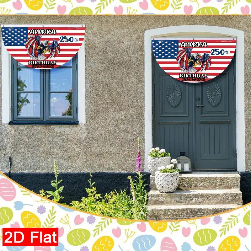 2D Flat American Flag Bald Eagle Semi-Circular Garden Flag |   Double-Sided Polyester Outdoor Yard Decor for Patio Lawn Wall - Welcome Spring 250th Anniversary