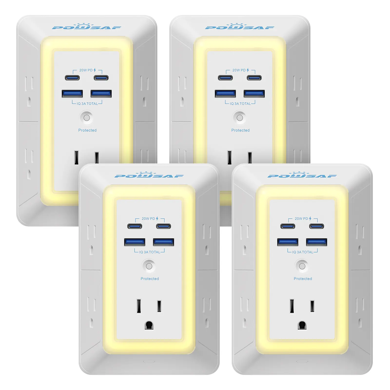 POWSAF Multi Plug Outlet Surge Protector, 3-Sided 5 Adapter-Spaced Outlets, 4 USB Ports (2 USB-C Fast Charging), Night Light, ETL-Certified Indoor Use Extender for Phones & Electronics