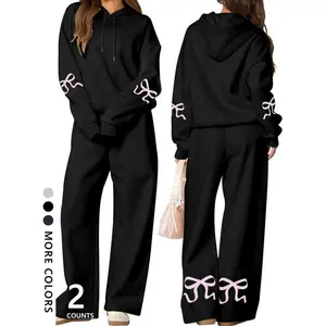 Women’s hooded sweatshirt and loose pants set with a bow print design; a comfortable pullover hoodie with an adjustable drawstring hood; fashionable and casual, suitable for travel, vacations, leisure, campus, and streetwear.