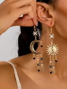 Boho Ethnic Sun Star Moon Fringe Design Asymmetric Dangle Earrings, Fashion Jewelry for Women, Perfect for Parties and Daily Wear, Decoration