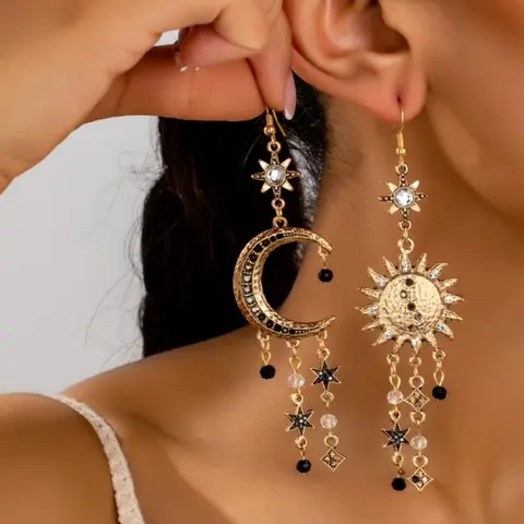 Boho Ethnic Sun Star Moon Fringe Design Asymmetric Drop Dangle Earrings, Bohemian Earrings, Sun Charm Earrings, Fashion Jewelry for Women, Perfect for Parties and Daily Wear, Decoration