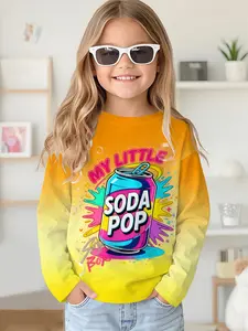 Orange-yellow gradient soda can digital printed long-sleeve crewneck drop-shoulder sweatshirt top T-shirt, long-sleeve T-shirt clothing for girls in spring and autumn, 100% polyester, the best gift for girls