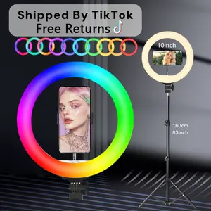 10-Inch LED Selfie Ring Light with 63 inch/1.6m Tripod Stand & Flexible Phone Holder, 38 Color Modes Vdieo Light, USB Powered, Adjustable Brightness, Perfect Gift for Photographers circle light#Mother's Day Gift