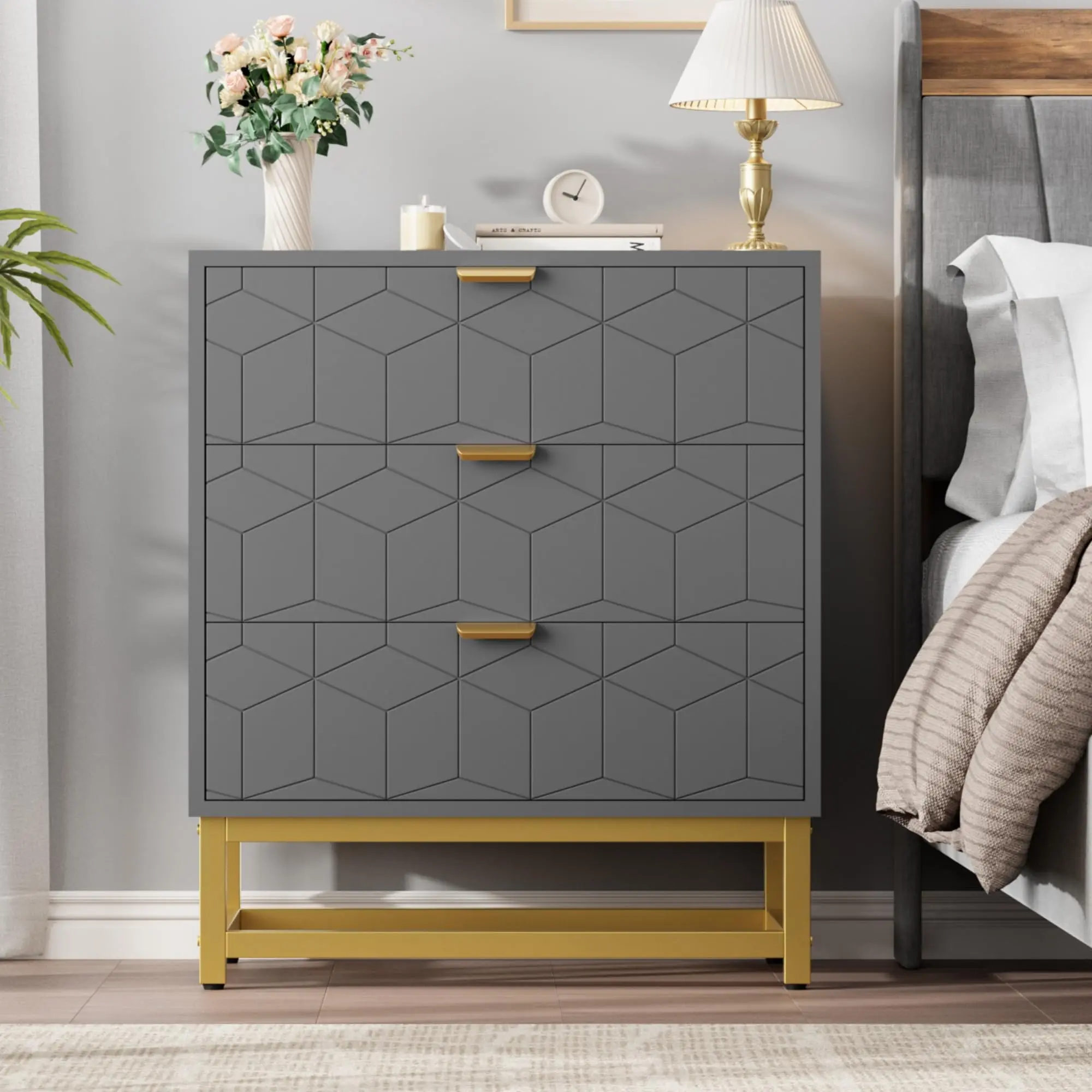 Garvee - Cómoda de 3 cajones, cajones de Madera con Almacenamiento para clóset, recámara, cajón, mesita de Noche Moderna con Asas Doradas, Color Gris