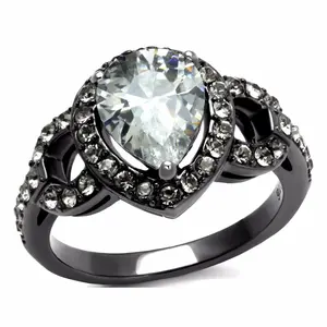Lanyjewelry Hypoallergenic Pear Cut CZ Gemstone Ring - 10x8mm Light Black IP Stainless Steel Wedding Ring