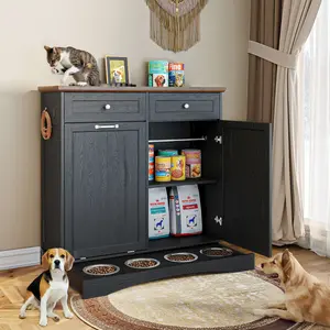 All-in-One Pet Storage Cabinet with 4-Bowl Feeder, 39.7" Tilt-Out Dog Food Bin, Wardrobe Hanging Rod & Drawers for Multi-Pet Home, Black