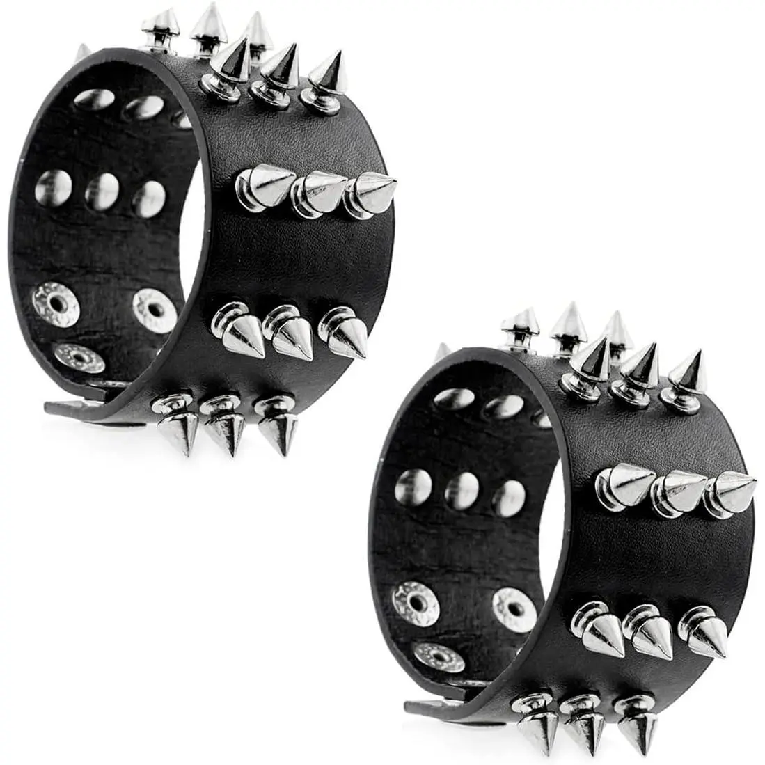 2 PCS Punk Studded Bracelet Black Leather Rivet Cuff Wrap Bangle for Men Snap Button Goth Rock Wristband Unisex for Halloween Party Favors Day Charm