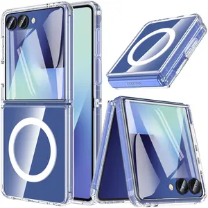 For Samsung Galaxy Z Flip 7 Case, Magnetic Built-in Screen Protector [Compatible with MagSafe] Transparent Shockproof Clear Back [New Upgrade] Protective Rugged Phone Cover-Clear
